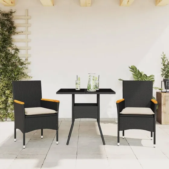 Havemøbelsæt 3 dele i sort polyrattan med hynder