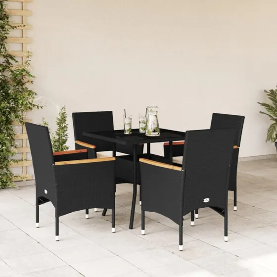 Spisebordssæt til haven 5 dele i polyrattan med glas, sort