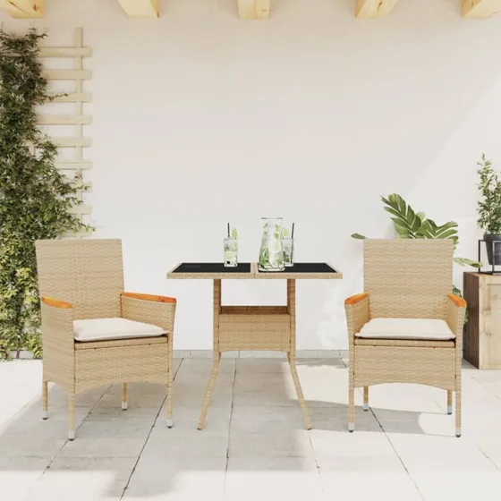 Havemøbelsæt 3 dele i polyrattan med hynder & glas