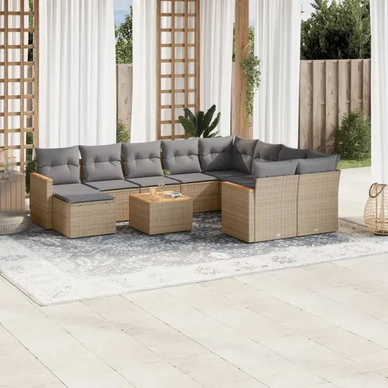 Havesofasæt 11 dele i beige polyrattan med hynder