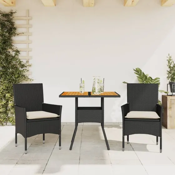 Havemøbelsæt 3 dele i sort polyrattan med glas og hynder