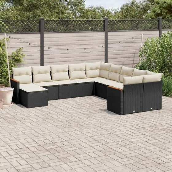 Havesofasæt 11 dele i polyrattan - sort med hynder