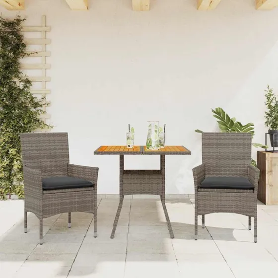 Havemøbelsæt i polyrattan 3 dele med hynder – Akacie/Grå