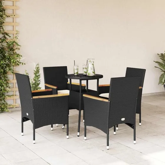 Havemøbelsæt 5 dele polyrattan med hynder & glas - sort