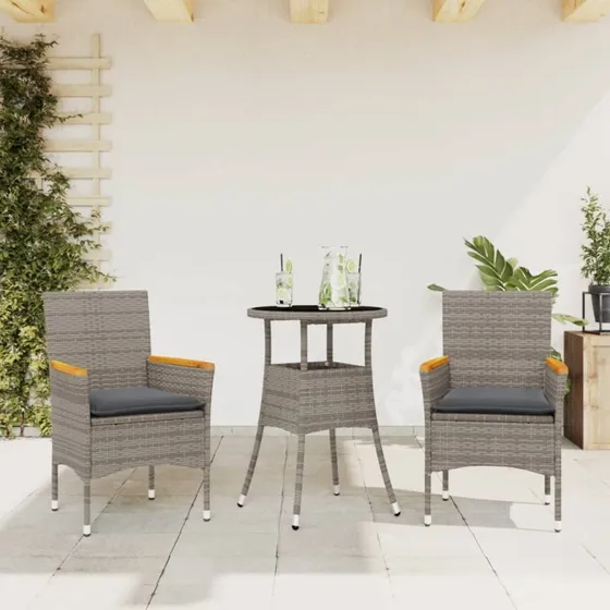 Havemøbelsæt 3 dele i grå polyrattan med glasbord