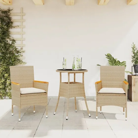 Havemøbelsæt 3 dele i polyrattan med hynder & glasbord