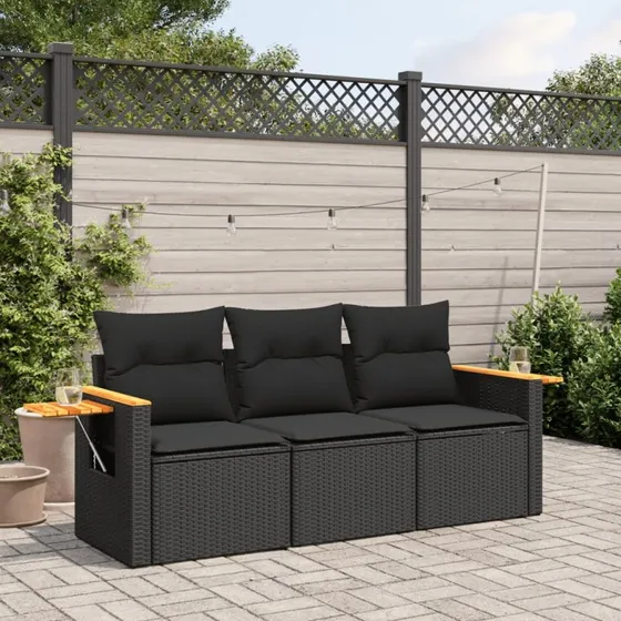 Havesofasæt 3 dele i sort polyrattan med hynder