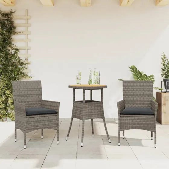 Havemøbelsæt 3 dele i polyrattan – akacie/grå med hynder