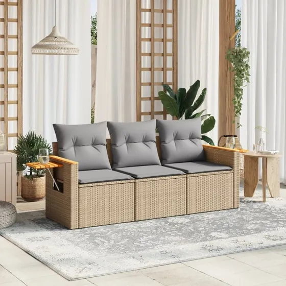 Havesofasæt 3 dele i polyrattan med hynder – beige