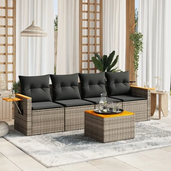 Havesofasæt 5 dele i polyrattan med hynder, grå