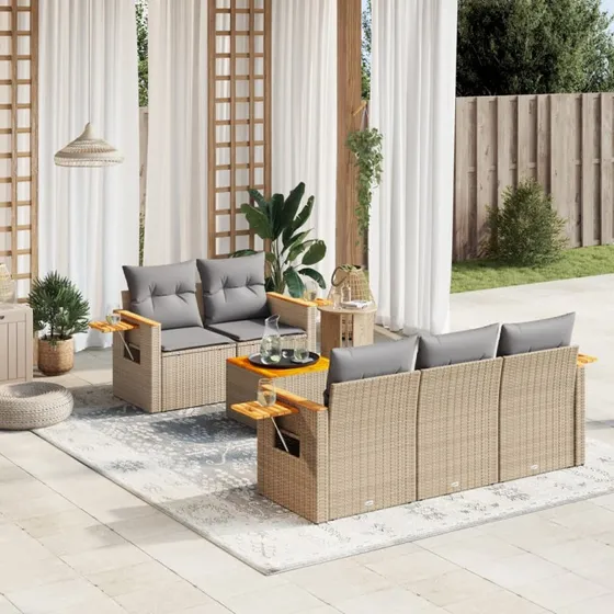 Sofasæt til haven 6 dele i polyrattan med hynder, beige