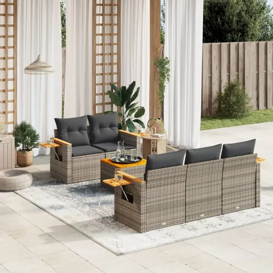Sofasæt til haven 6 dele i grå polyrattan med hynder