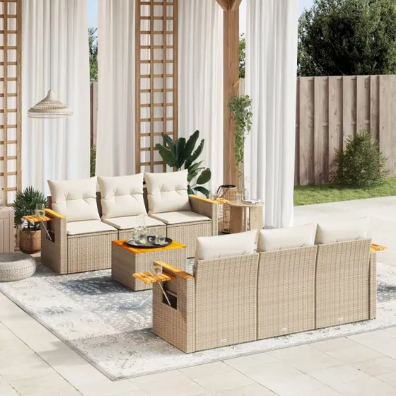 Havesofasæt 7 dele i beige polyrattan med hynder