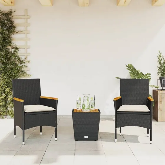 Sort 3-delers bistrost i polyrattan med hynder og glas