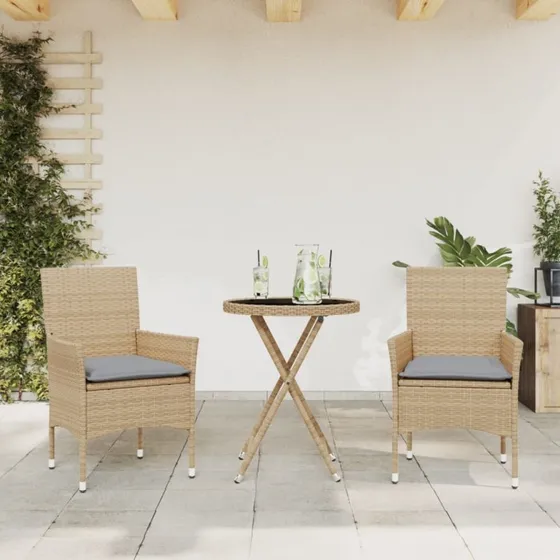Bistrost i polyrattan 3 dele med hynder og glas (beige)