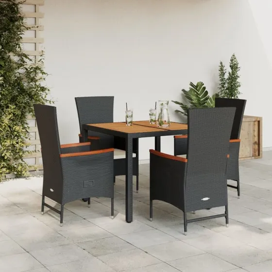 Spisebordssæt i sort polyrattan 5 dele med hynder