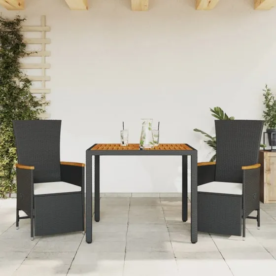 Spisebordssæt til haven 3 dele i polyrattan, sort