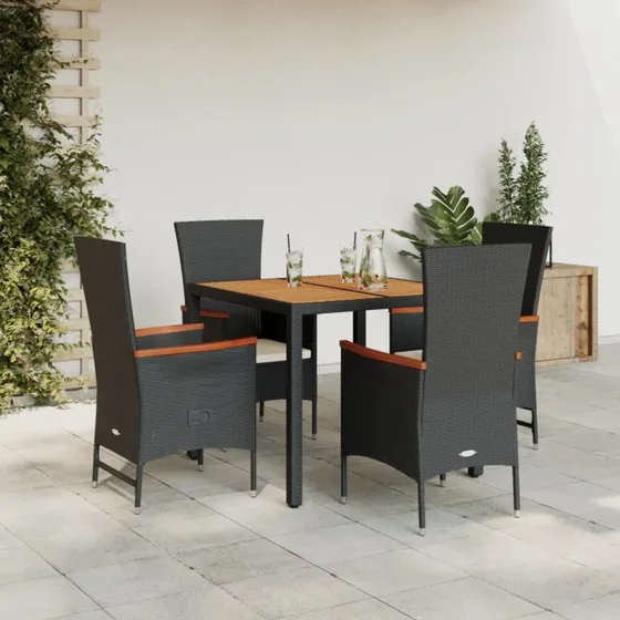 Spisebordssæt i polyrattan 5 dele med hynder, sort