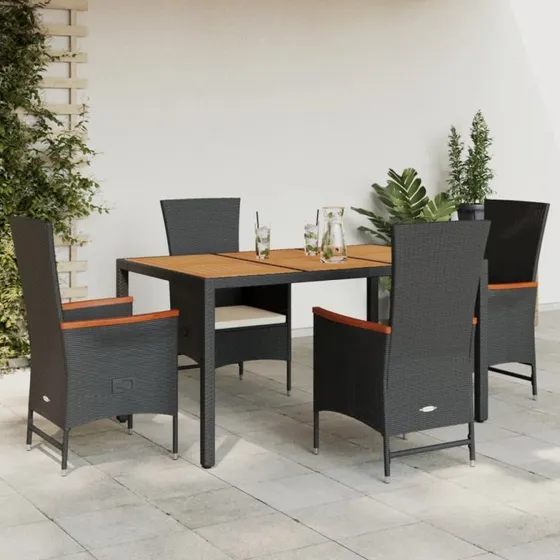 Spisebordssæt til haven 5 dele i sort polyrattan