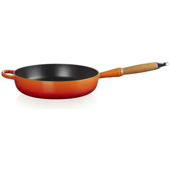 Støbejern Sauterpande med træhåndtag og sort emalje
