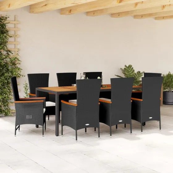 Havemøbelsæt 9 dele i sort polyrattan med hynder