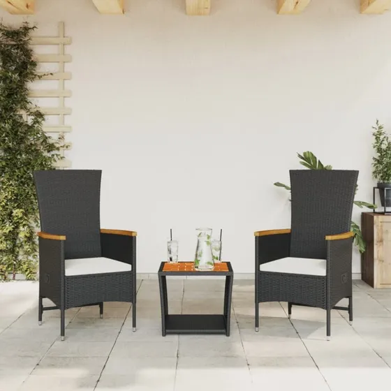 Spisebordssæt i polyrattan 3 dele med hynder - sort