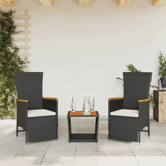 Havemøbelsæt 3 dele i sort polyrattan med hynder