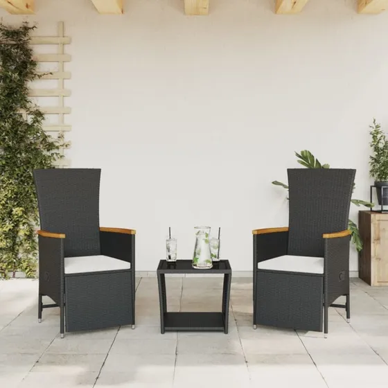 Spisebordssæt i polyrattan 3 dele med hynder – sort