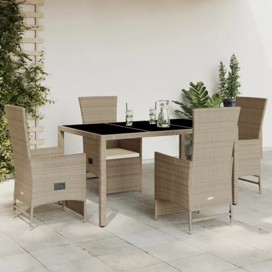 Spisebordssæt i polyrattan 5 dele med hynder - beige