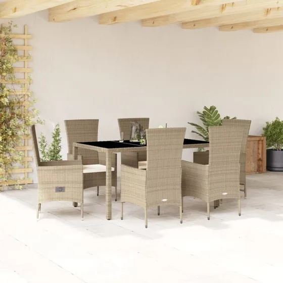 Spisebordssæt i polyrattan 7 dele med hynder - beige