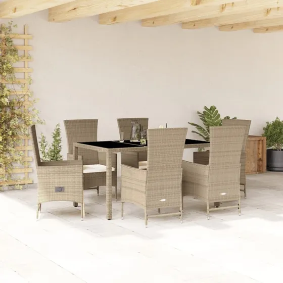7-del polyrattan havemøbelsæt med hynder - beige