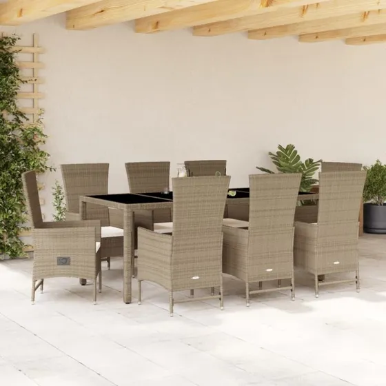 Spisebordssæt 9 dele i beige polyrattan med hynder