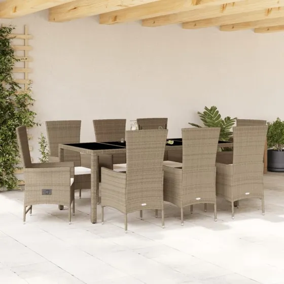 Spisebordssæt til haven 9 dele i beige polyrattan