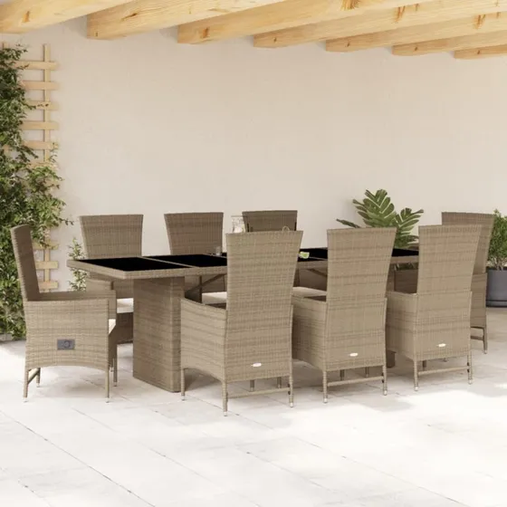 Spisebordssæt i polyrattan 9 dele med hynder – beige