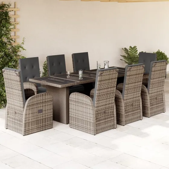 Spisebordssæt i polyrattan 9 dele med hynder - grå