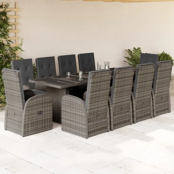 Loungesæt i polyrattan 11 dele med hynder, grå