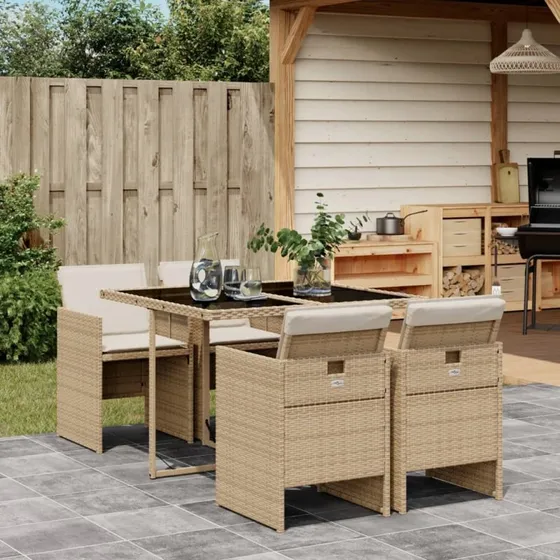 Spisebordssæt til haven 5 dele i polyrattan – beige
