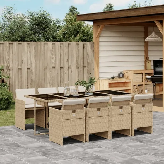Spisebordssæt i polyrattan 9 dele med hynder – beige