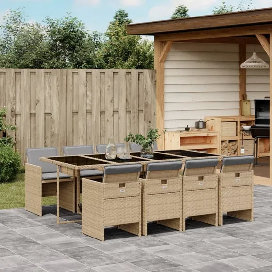Spisebordssæt til haven 9 dele i beige polyrattan