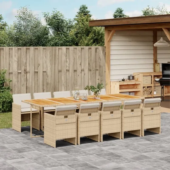 Spisebordssæt til haven 11 dele i polyrattan beige