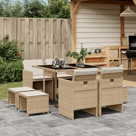 Spisebordssæt til haven 9 dele i beige polyrattan