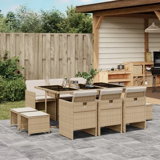Spisebordssæt i polyrattan 11 dele beige med hynder