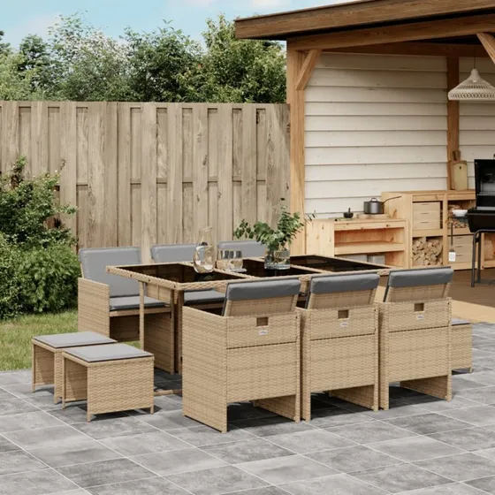 Spisebordssæt til haven 11 dele i beige polyrattan