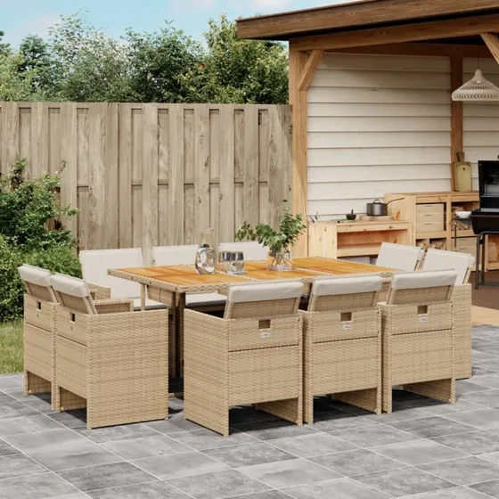 Spisebordssæt til haven 11 dele i beige polyrattan