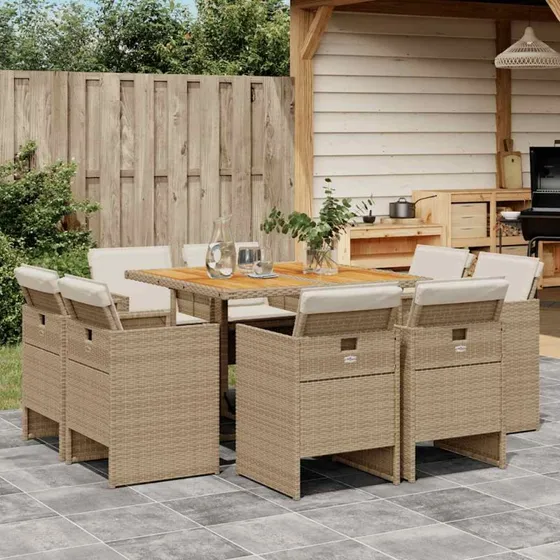 Spisebordssæt til haven 9 dele - beige polyrattan