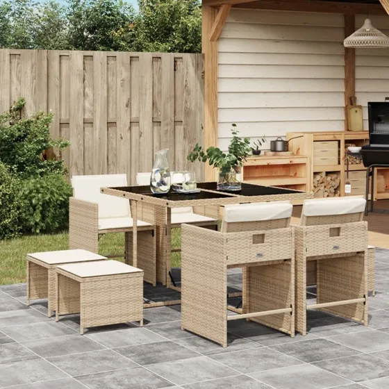 Spisebordssæt i polyrattan 9 dele med hynder - beige