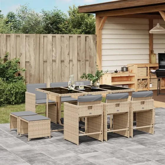 Spisebordssæt i polyrattan 11 dele beige med hynder