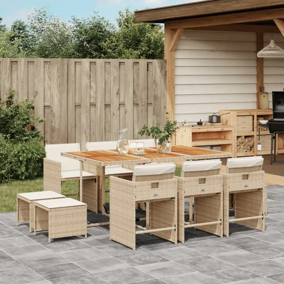 Havemøbelsæt 11 dele i beige polyrattan med hynder