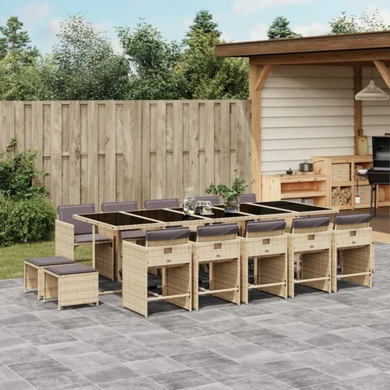 Spisebordssæt til haven 15 dele i polyrattan beige