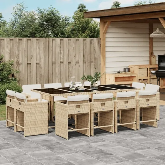 Spisebordssæt i polyrattan 13 dele beige med hynder